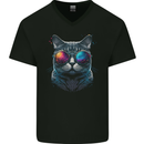 A Cool Cat With Cosmos Glasses Mens V-Neck Cotton T-Shirt Black