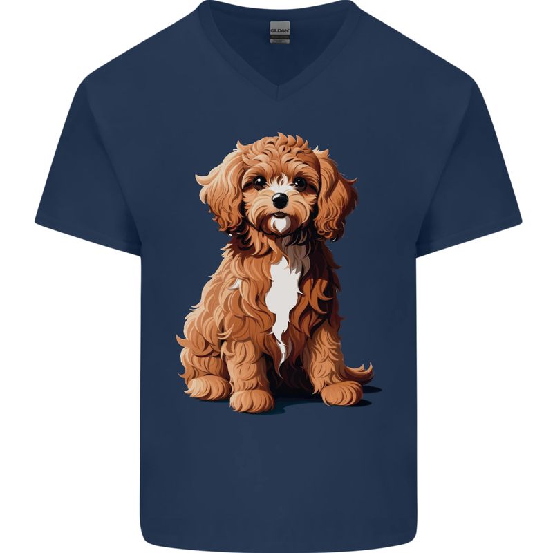 A Cool Cavapoo Dog Mens V-Neck Cotton T-Shirt Navy Blue