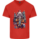 A Cool Christmas Racoon Xmas Mens V-Neck Cotton T-Shirt Red