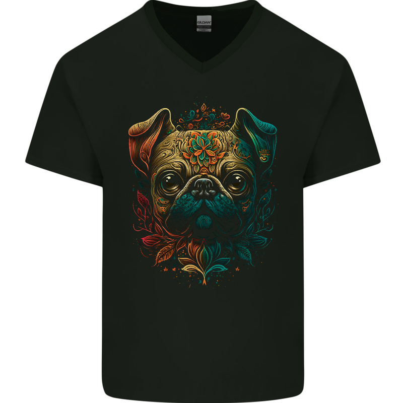 A Cool Pug Dog Mens V-Neck Cotton T-Shirt Black