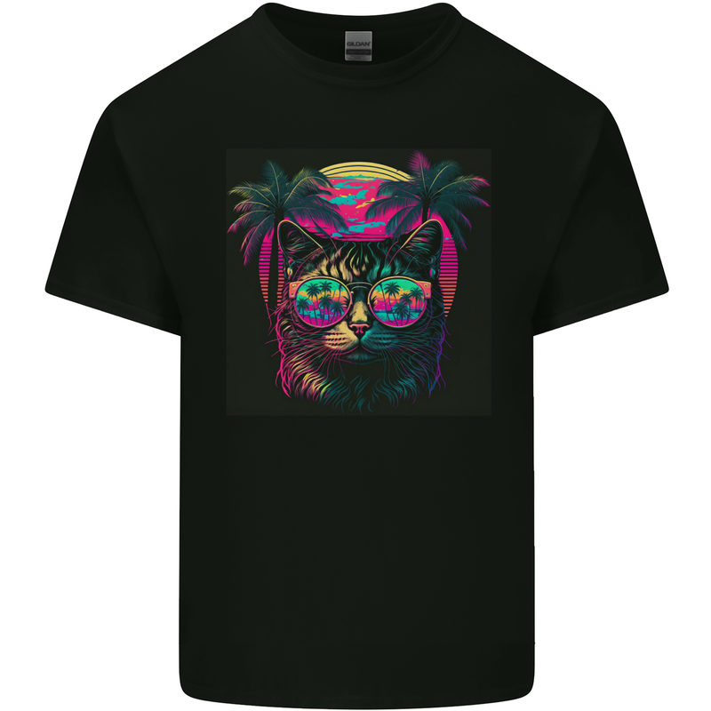 A Cool Retro Cat Mens Cotton T-Shirt Tee Top Black