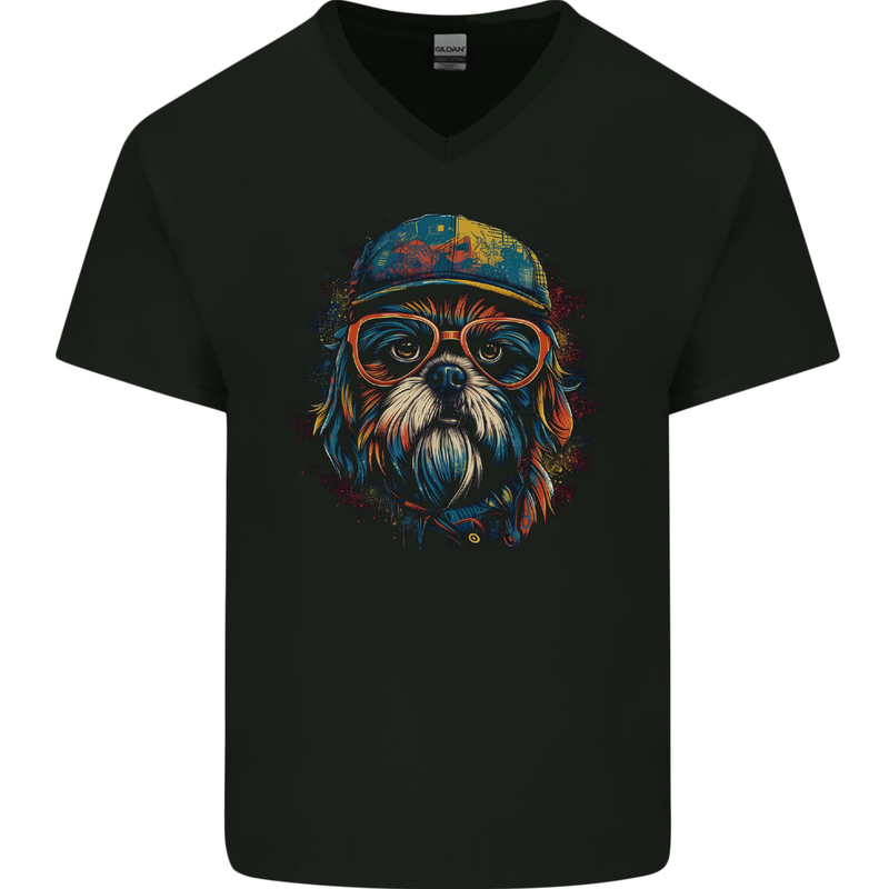A Cool Shih Tzu Dog Mens V-Neck Cotton T-Shirt Black