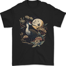 A Crane With Flowers and Moon Bird Mens T-Shirt 100% Cotton Black