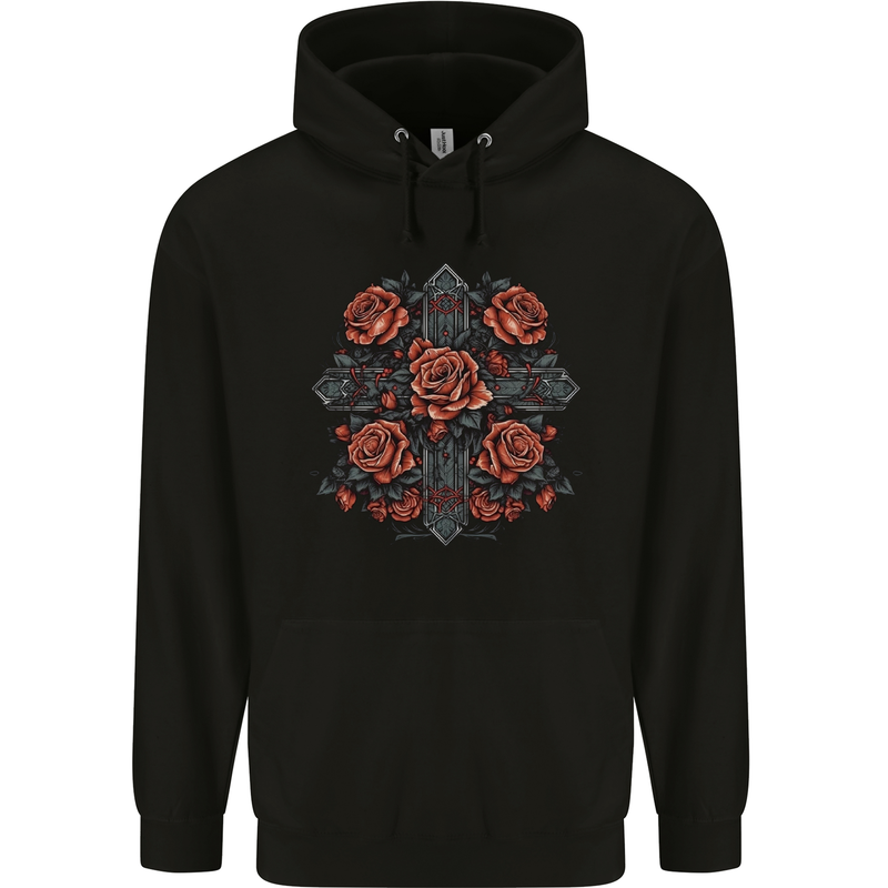 A Cross With Roses Mens 80% Cotton Hoodie Black