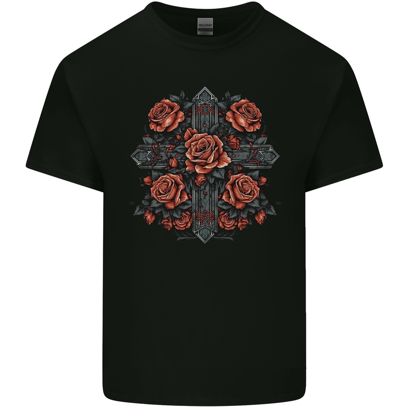 A Cross With Roses Mens Cotton T-Shirt Tee Top Black