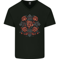 A Cross With Roses Mens V-Neck Cotton T-Shirt Black