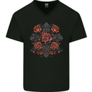 A Cross With Roses Mens V-Neck Cotton T-Shirt Black