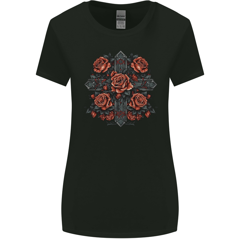 A Cross With Roses Womens Wider Cut T-Shirt Black