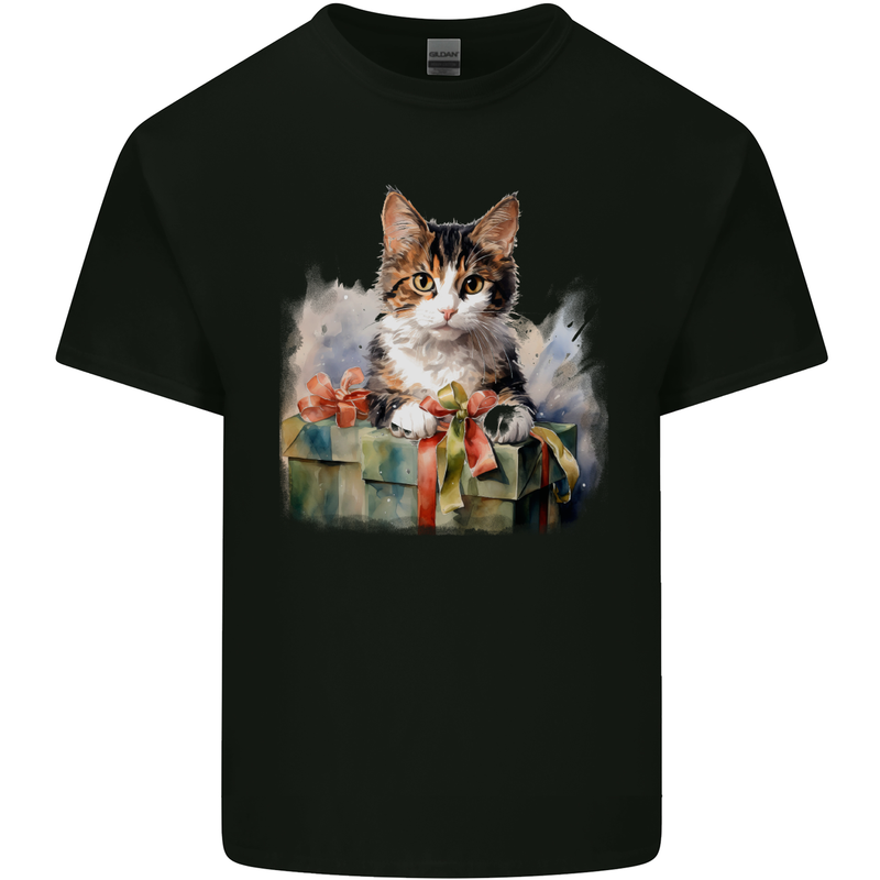A Cute Cat With a Present Christmas Xmas Kids T-Shirt Childrens Black