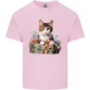 A Cute Cat With a Present Christmas Xmas Kids T-Shirt Childrens Light Pink