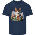 A Cute Cat With a Present Christmas Xmas Kids T-Shirt Childrens Navy Blue
