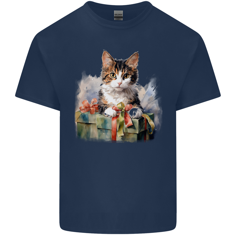 A Cute Cat With a Present Christmas Xmas Kids T-Shirt Childrens Navy Blue