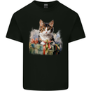 A Cute Cat With a Present Christmas Xmas Mens Cotton T-Shirt Tee Top Black