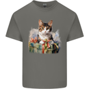 A Cute Cat With a Present Christmas Xmas Mens Cotton T-Shirt Tee Top Charcoal