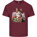 A Cute Cat With a Present Christmas Xmas Mens Cotton T-Shirt Tee Top Maroon
