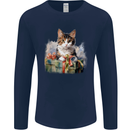 A Cute Cat With a Present Christmas Xmas Mens Long Sleeve T-Shirt Navy Blue