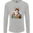 A Cute Cat With a Present Christmas Xmas Mens Long Sleeve T-Shirt Sports Grey