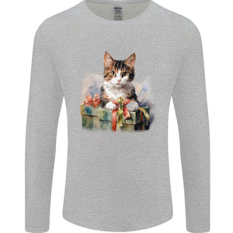 A Cute Cat With a Present Christmas Xmas Mens Long Sleeve T-Shirt Sports Grey