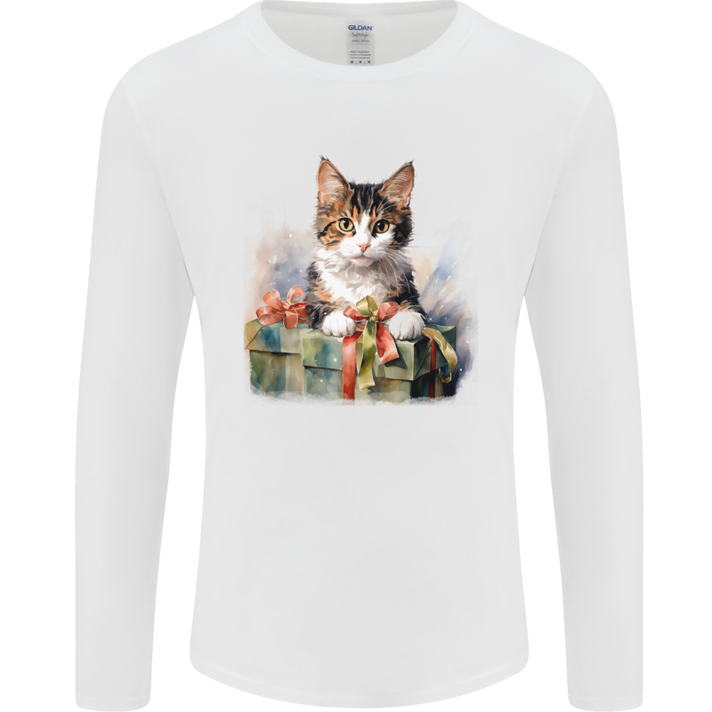 A Cute Cat With a Present Christmas Xmas Mens Long Sleeve T-Shirt White