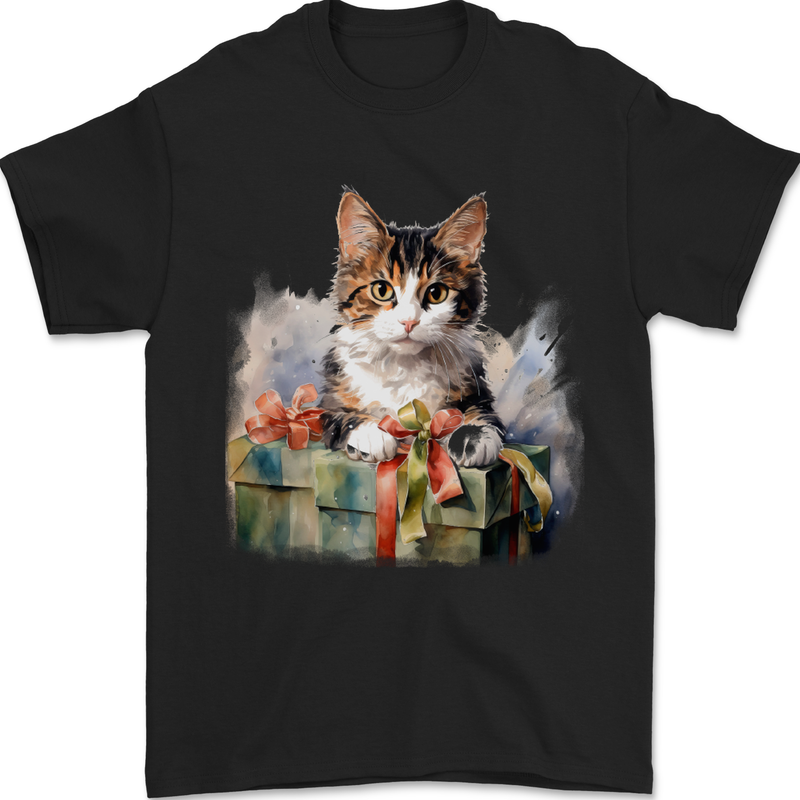 A Cute Cat With a Present Christmas Xmas Mens T-Shirt 100% Cotton Black