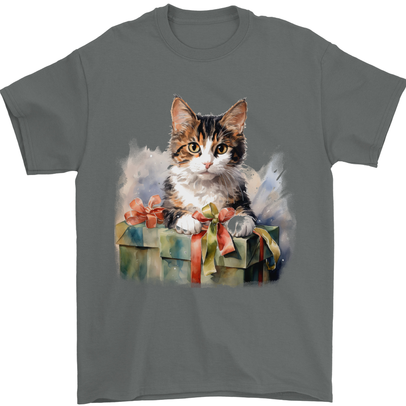 A Cute Cat With a Present Christmas Xmas Mens T-Shirt 100% Cotton Charcoal