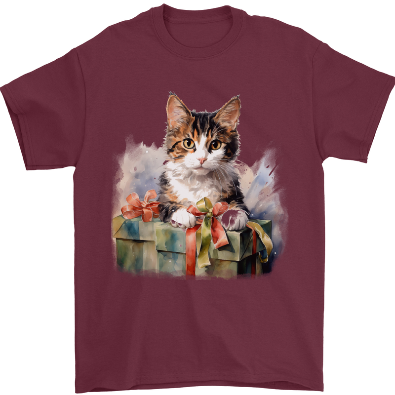 A Cute Cat With a Present Christmas Xmas Mens T-Shirt 100% Cotton Maroon