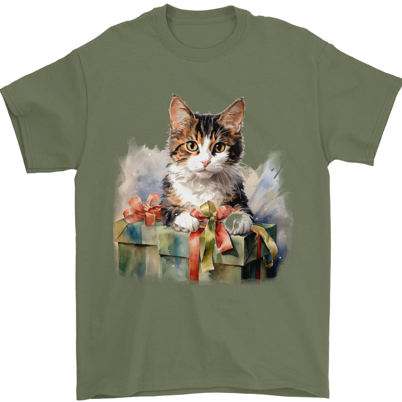 A Cute Cat With a Present Christmas Xmas Mens T-Shirt 100% Cotton Military Green