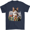 A Cute Cat With a Present Christmas Xmas Mens T-Shirt 100% Cotton Navy Blue