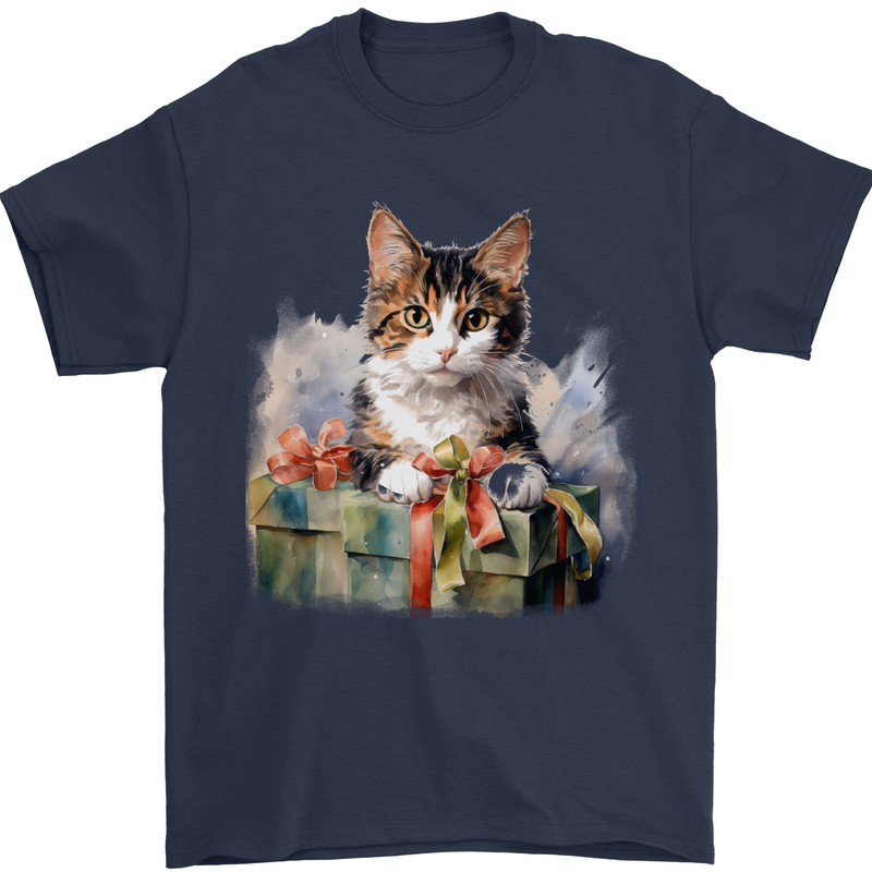 A Cute Cat With a Present Christmas Xmas Mens T-Shirt 100% Cotton Navy Blue