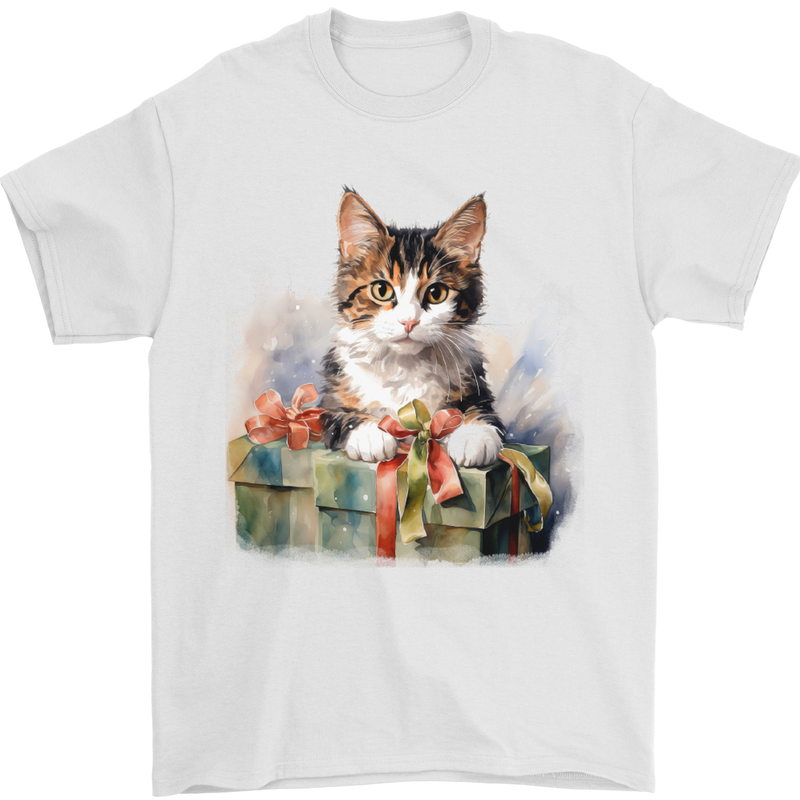 A Cute Cat With a Present Christmas Xmas Mens T-Shirt 100% Cotton White