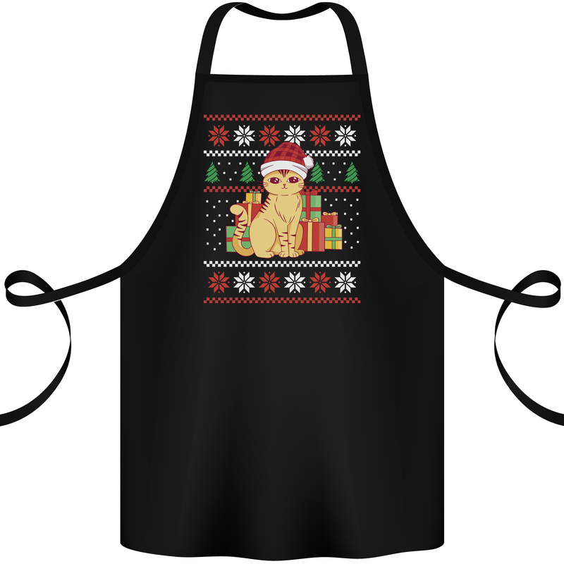 A Cute Christmas Cat With Presents Xmas Cotton Apron 100% Organic Black