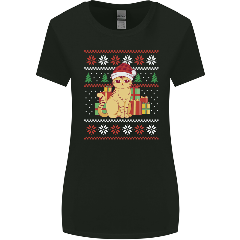 A Cute Christmas Cat With Presents Xmas Womens Wider Cut T-Shirt Black
