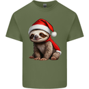 A Cute Christmas Sloth With Xmas Hat on Mens Cotton T-Shirt Tee Top Military Green