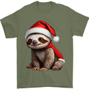 A Cute Christmas Sloth With Xmas Hat on Mens T-Shirt 100% Cotton Military Green