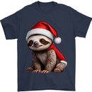 A Cute Christmas Sloth With Xmas Hat on Mens T-Shirt 100% Cotton Navy Blue