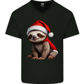 A Cute Christmas Sloth With Xmas Hat on Mens V-Neck Cotton T-Shirt Black