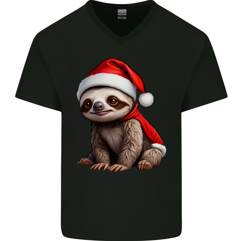 A Cute Christmas Sloth With Xmas Hat on Mens V-Neck Cotton T-Shirt Black