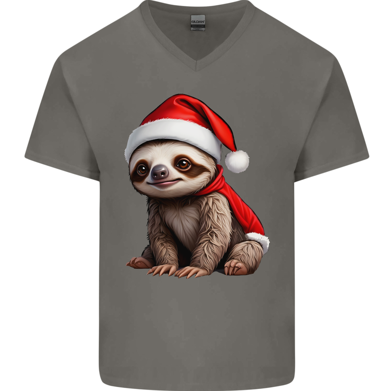 A Cute Christmas Sloth With Xmas Hat on Mens V-Neck Cotton T-Shirt Charcoal