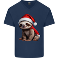 A Cute Christmas Sloth With Xmas Hat on Mens V-Neck Cotton T-Shirt Navy Blue
