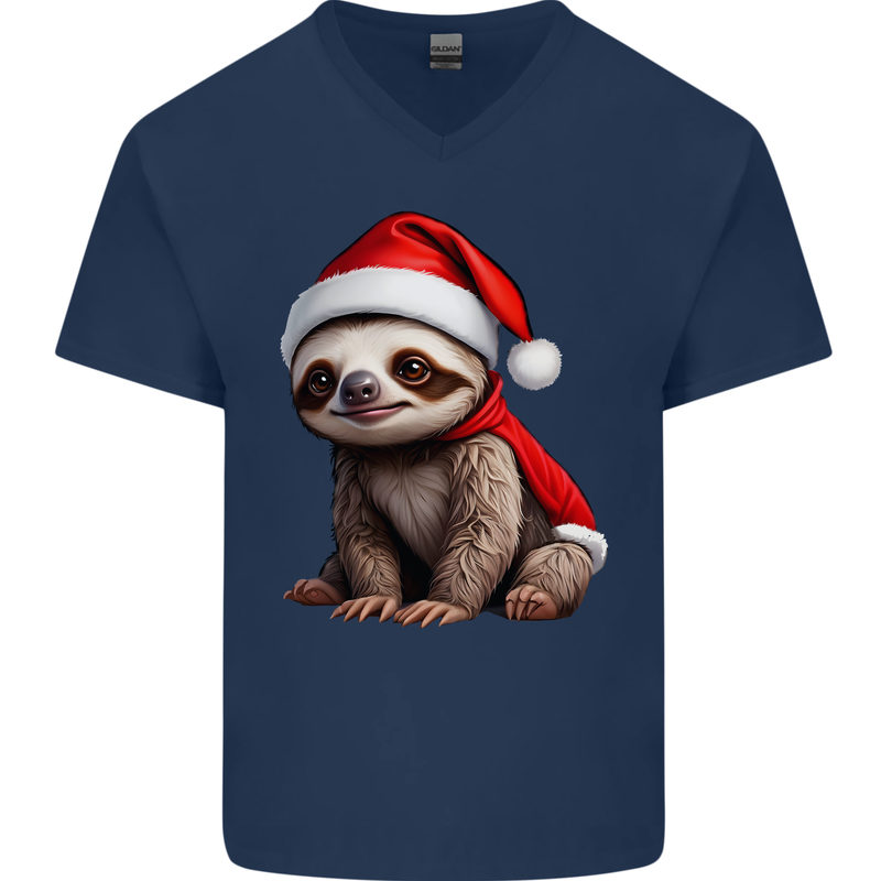 A Cute Christmas Sloth With Xmas Hat on Mens V-Neck Cotton T-Shirt Navy Blue