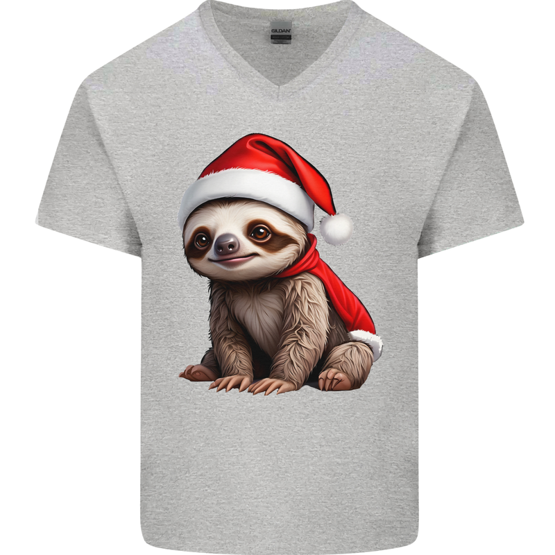 A Cute Christmas Sloth With Xmas Hat on Mens V-Neck Cotton T-Shirt Sports Grey