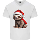 A Cute Christmas Sloth With Xmas Hat on Mens V-Neck Cotton T-Shirt White