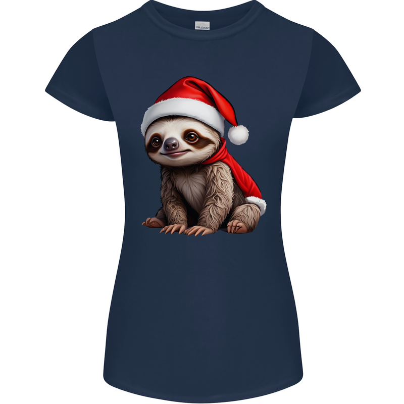 A Cute Christmas Sloth With Xmas Hat on Womens Petite Cut T-Shirt Navy Blue