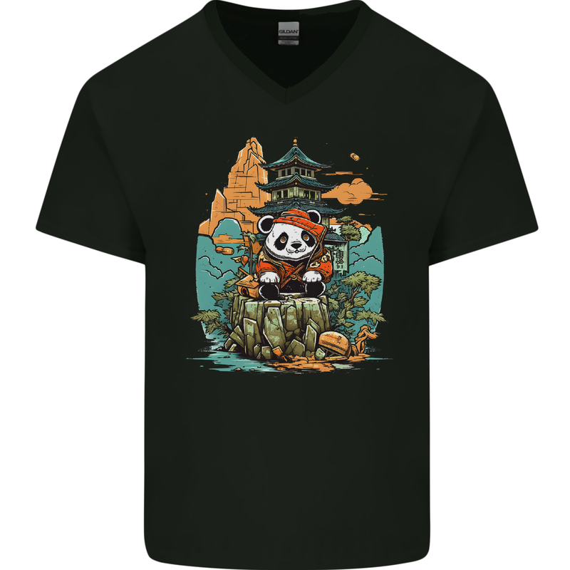 A Cute Panda Bear Mens V-Neck Cotton T-Shirt Black