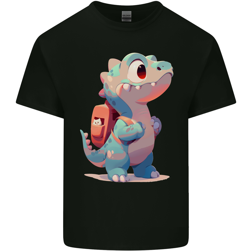 A Cute T-Rex Dinosaur With Backpack Mens Cotton T-Shirt Tee Top Black