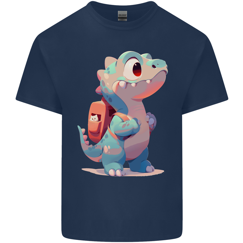 A Cute T-Rex Dinosaur With Backpack Mens Cotton T-Shirt Tee Top Navy Blue
