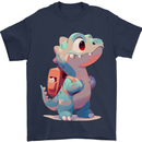 A Cute T-Rex Dinosaur With Backpack Mens T-Shirt 100% Cotton Navy Blue