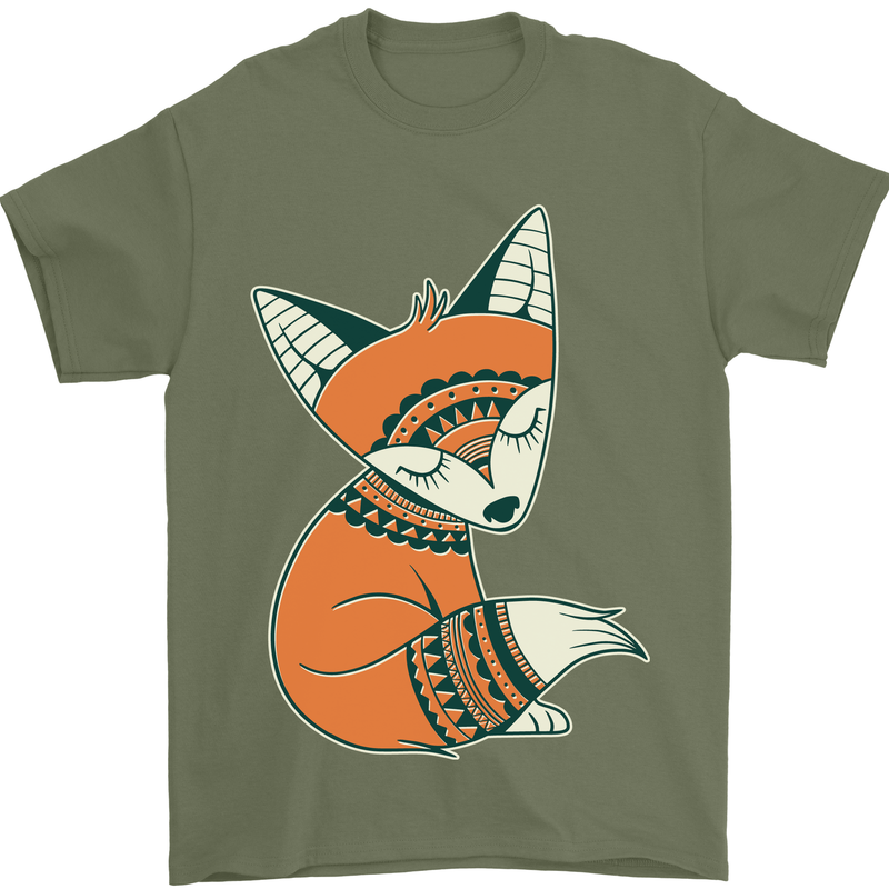 A Cute Tribal Fox Mens T-Shirt 100% Cotton Military Green
