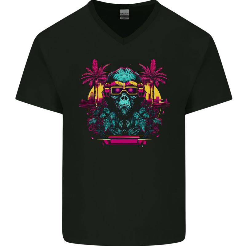 A Cyberpunk Monkey Mens V-Neck Cotton T-Shirt Black