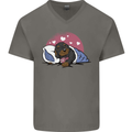 A Dachshund in Bed Dog Mens V-Neck Cotton T-Shirt Charcoal